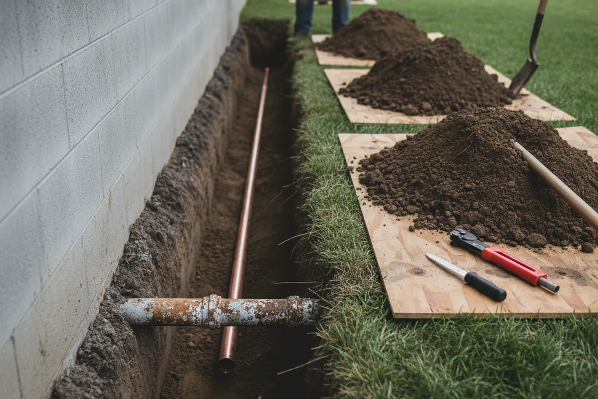 Excavated water line trench during Water Heater Repair in Bridgeville